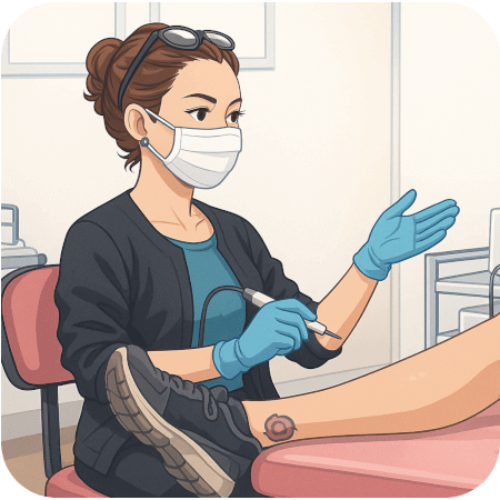 Hands-on electrology training with student using a probe on a client under teacher supervision.