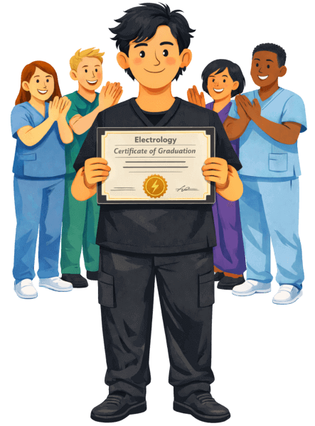 Electrology graduate proudly holding an Oregon certificate with supportive classmates standing behind them.